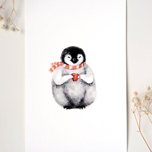Penguin Watercolor Art Print: Penguin with Tea Cup (4x6)