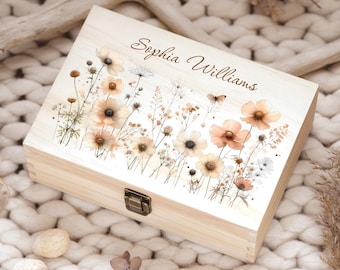 Personalized Floral Wooden Memory Box: Custom Keepsake Gift