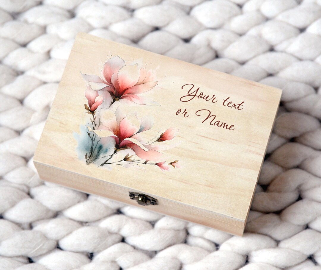 Small Personalized Magnolia Flower Keepsake Box: Engraved Wooden Memory ...