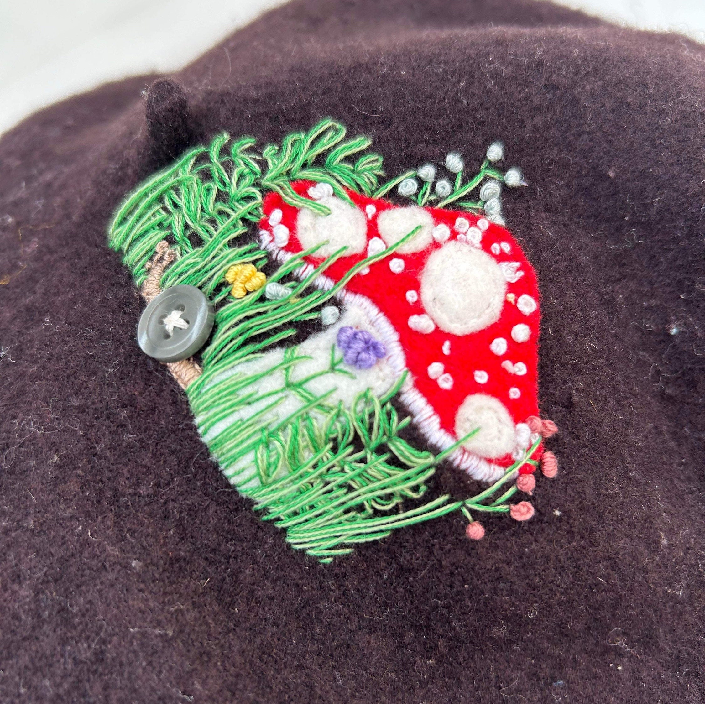 Mushroom Embroidered Beret, Cottagecore, Vintage, Beret  display picture 1