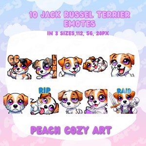 Op de afbeelding: Een digitale afbeelding met tien Jack Russell Terrier emotes in verschillende poses en uitdrukkingen. De emotes zijn beschikbaar in drie maten: 112, 56 en 28 pixels. De tekst bevat "10 Jack Russel Terrier Emotes" en "Peach Cozy Art".