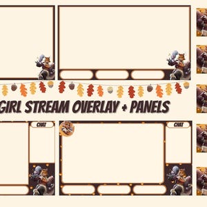 May include: A digital art stream overlay and panel set featuring a squirrel girl character. The design includes panels for community, socials, rules, about me, and donate. The overlay has a fall theme with leaves and acorns.