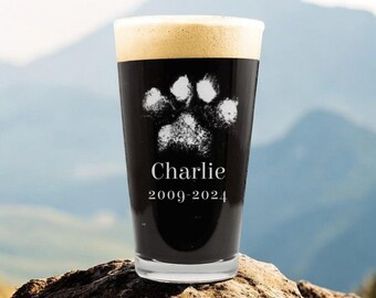 Personalized Pet Loss Memorial Pint Glass - Custom Paw Print Engraving - Dog Cat Rainbow Bridge Gift