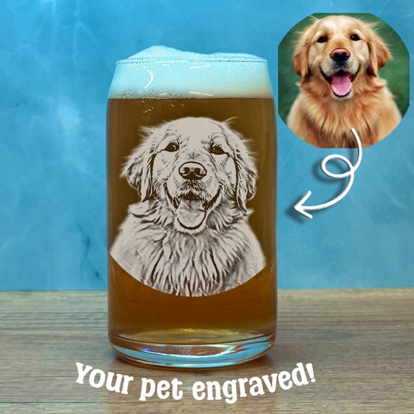 Beer can glass, photograph glasses, custom glass, pet photo, dog lover, dog, pet lover, animal lover, custom order, etched glass, for pets