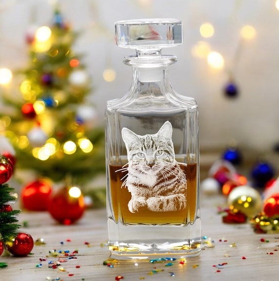 An actual photo laser-engraved onto a whiskey decanter — a genuinely memorable, display-worthy groomsman or best-man gift.