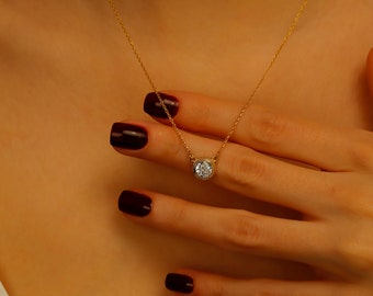 14K Gold Diamond Necklace,Solitaire Necklace,Bridesmaid Necklace,Dainty Solitaire Necklace,Minimalist Necklace,Dainty Necklace,Gift for Her