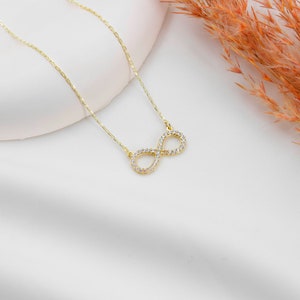 Dainty Pave Infinity Necklace,14k Solid Gold Diamond Infinity Necklace for Women,Small Charm Necklace,Pave Infinity,Wedding Gift,For You image 2
