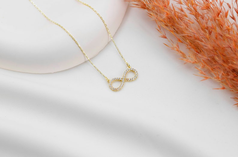 Dainty Pave Infinity Necklace,14k Solid Gold Diamond Infinity Necklace for Women,Small Charm Necklace,Pave Infinity,Wedding Gift,For You image 2