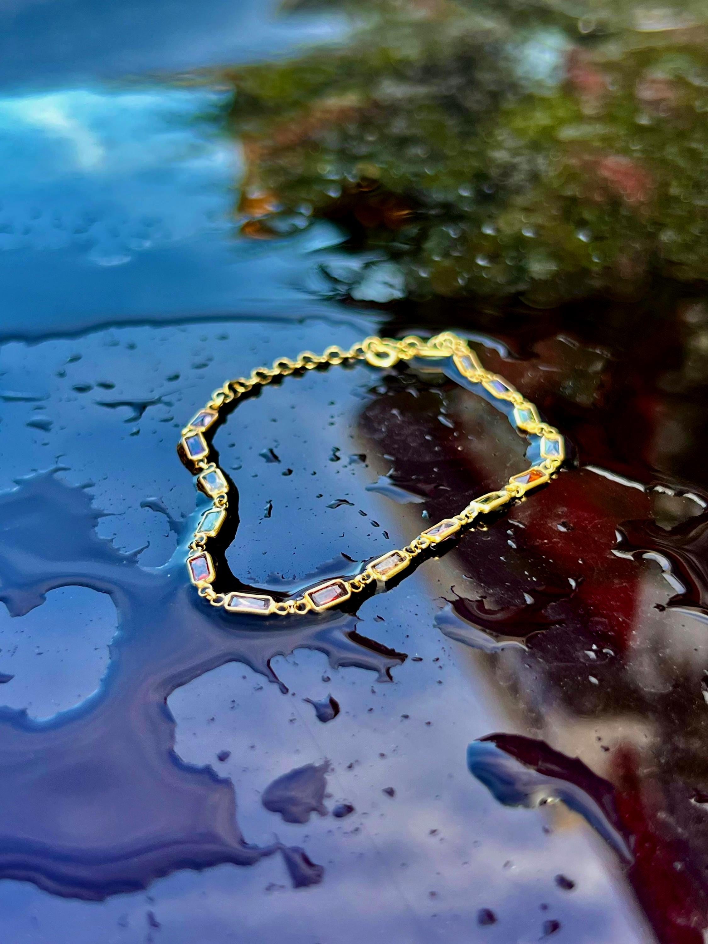 14K Gold Multi-Stone Baguette Bracelet,Beaded Anklet,Gemstone Necklace,WATERPROOF Summer Jewelry,Christmas Gifts,Birthday Gifts,925 Silver