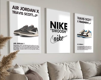 Nike Sneakerhead Printable Wall Art, Hypebeast Sneaker Poster Set of 3, Minimalist Hypebeast Shoe poster, Travis Scott Jordan 1 poster.