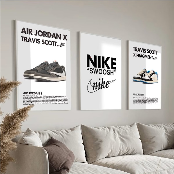 Nike Sneakerhead printbare muurkunst, Hypebeast Sneaker Poster Set van 3, Minimalistische Hypebeast Shoe poster, Travis Scott Jordan 1 poster.