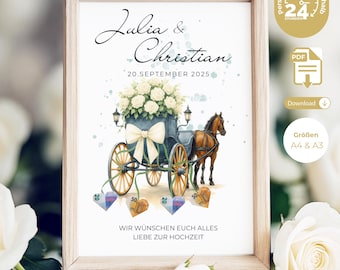 May include: A framed watercolor print featuring a horse-drawn carriage filled with white flowers, with the names "Julia & Christian" and the date "20.SEPTEMBER 2025". The print includes the text "WIR WÜNSCHEN EUCH ALLES LIEBE ZUR HOCHZEIT".