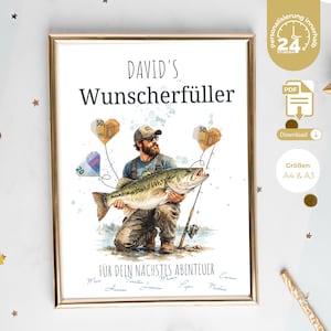 Peut inclure: Impression encadrée avec une illustration à l'aquarelle d'un pêcheur tenant un gros poisson. Le texte "DAVID'S Wunscherfüller" est en haut, avec "FÜR DEIN NÄCHSTES ABENTEUER" en bas. Comprend des ballons en forme d'argent et des signatures.