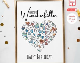 May include: A framed print with a gold border features a heart made of heart-shaped outlines filled with colorful currency. The words "Kleiner Wunscherfüller" and "Happy Birthday" are written in black script. The print is designed for a birthday.
