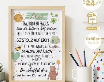 May include: A framed print with a light wood frame featuring a cheerful design. The artwork includes a smiling sun, a bee, a bear holding a balloon, and inspirational text in German. The print is decorated with stars, clovers, and a tent.