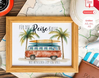 May include: A framed print with a watercolor illustration of a vintage red and blue van carrying surfboards, palm trees, and the text "Für die Reise Kasse" and "Wir wünschen dir viel Spaß". The print is surrounded by travel-themed items.