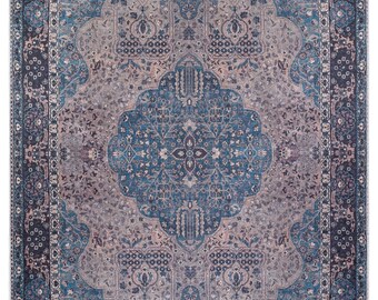 Navy Blossom Area Rug, Machine Washable, Turkish Made