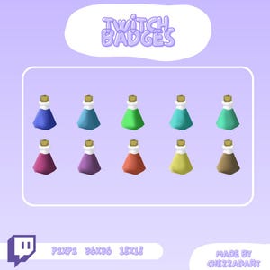 May include: A collection of ten colorful potion bottle designs, each with a different colored liquid and a gold-colored stopper. The image includes the text "Twitch Badges" and the Twitch logo, along with size specifications.