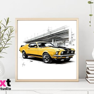 1969 Mustang fastback i gult, amerikansk, muskelbil, väggkonst, utskrivbar, bilaffisch, kontorsinredning, klassisk, vintage, direktnedladdning