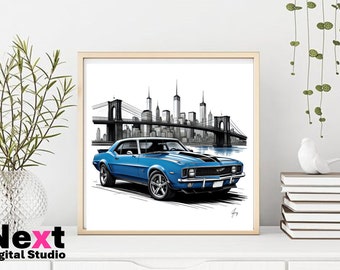 1969 Camaro SS, New York, Brooklyn, American, Muscle Car, Wall Art, Printable, Car Poster, Office Decor, Classic, Vintage, Instant Download