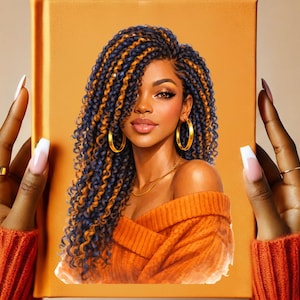 May include: An orange canvas print featuring a portrait of a woman with blue and gold braided hair, gold hoop earrings, and an orange off-the-shoulder sweater. The canvas is held by hands with long, manicured nails and gold rings.