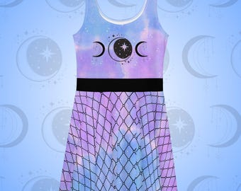 Galaxy Moon Phase Skater Dress: Celestial Pastel Goth Fashion, Sizes XS-3XL