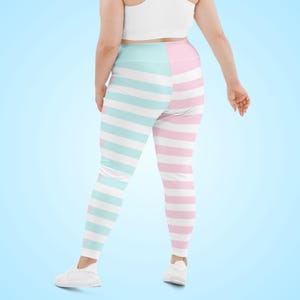 Plus Size Pink and Blue Striped Leggings, Fairy Kei Fashion, Two-Tone Half Color, Sweet Heart Print, Yume Kawaii Tights, Jfashion, Cute Pastel Clothes