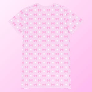 Pink Coquette T-Shirt Dress, Womens Loungewear, Cute Pastel Nightgown, Ribbon and Polka Dot Pattern