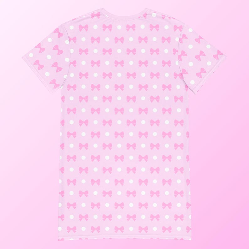Pink Coquette T-Shirt Dress, Womens Loungewear, Cute Pastel Nightgown, Ribbon and Polka Dot Pattern