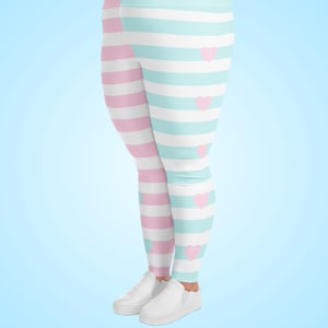 Plus Size Pink and Blue Striped Leggings, Fairy Kei Fashion, Two-Tone Half Color, Sweet Heart Print, Yume Kawaii Tights, Jfashion, Cute Pastel Clothes