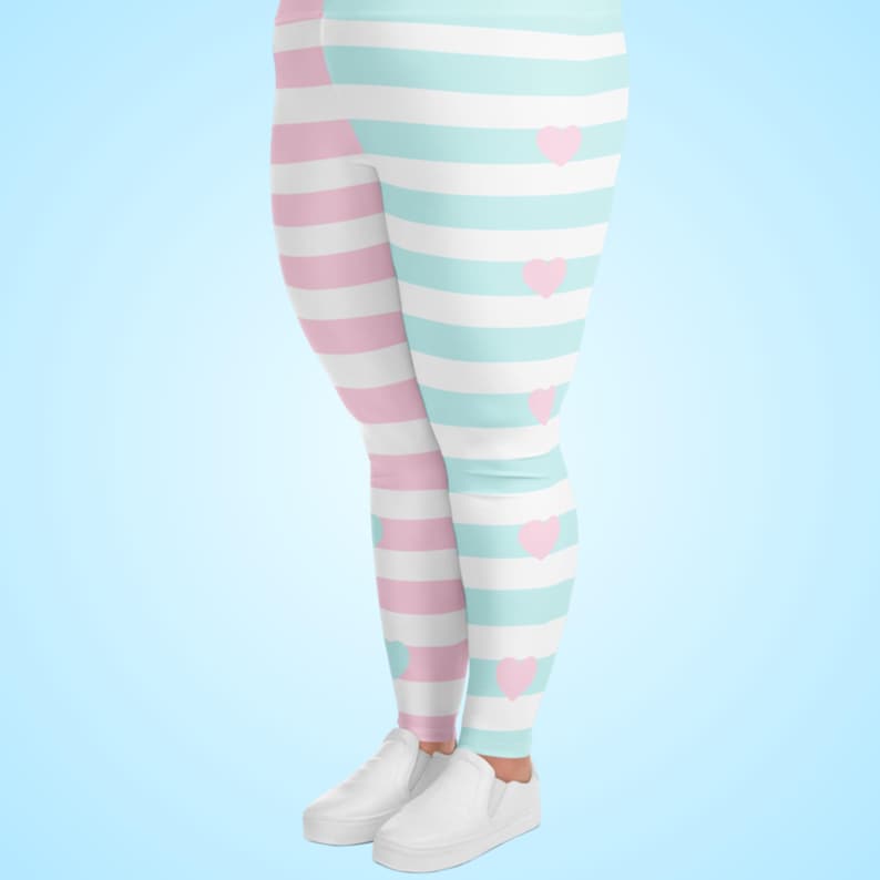 Plus Size Pink and Blue Striped Leggings, Fairy Kei Fashion, Two-Tone Half Color, Sweet Heart Print, Yume Kawaii Tights, Jfashion, Cute Pastel Clothes