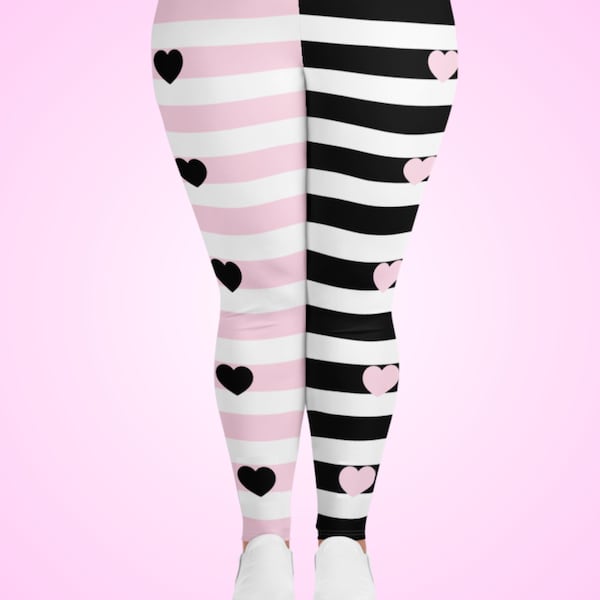 Pink and Black Striped Leggings: Jirai Kei Fashion, Heart Print, Sizes XS-6XL