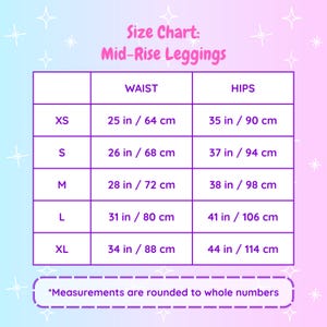 Pink and Cyan Striped Leggings Mid-Rise Size Chart
