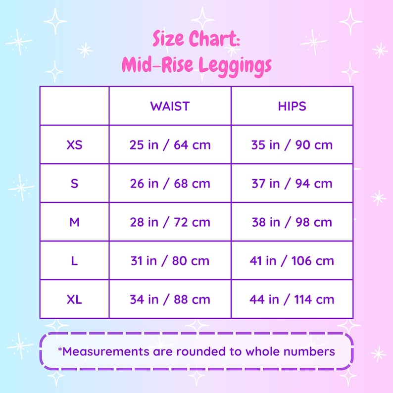 Pink and Cyan Striped Leggings Mid-Rise Size Chart