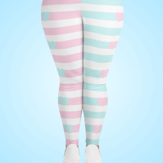 Pink and Cyan Striped Leggings: Pastel Hearts, Fairy Kei, Sizes XS-6XL