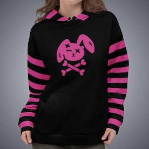 Goth Bunny Hoodie: Scene Fashion, Magenta and Black Stripes, Sizes 2XS-6XL