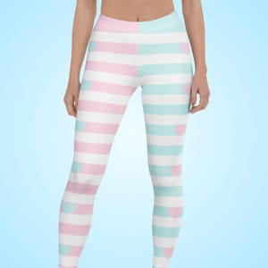 Plus Size Pink and Blue Striped Leggings, Fairy Kei Fashion, Two-Tone Half Color, Sweet Heart Print, Yume Kawaii Tights, Jfashion, Cute Pastel Clothes
