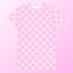 Pink Coquette T-Shirt Dress, Womens Loungewear, Cute Pastel Nightgown, Ribbon and Polka Dot Pattern