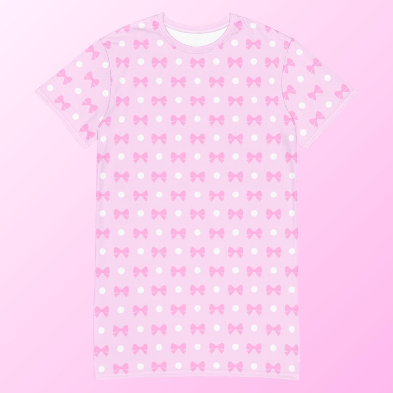 Pink Coquette T-Shirt Dress, Womens Loungewear, Cute Pastel Nightgown, Ribbon and Polka Dot Pattern
