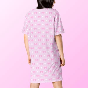 Pink Coquette T-Shirt Dress, Womens Loungewear, Cute Pastel Nightgown, Ribbon and Polka Dot Pattern