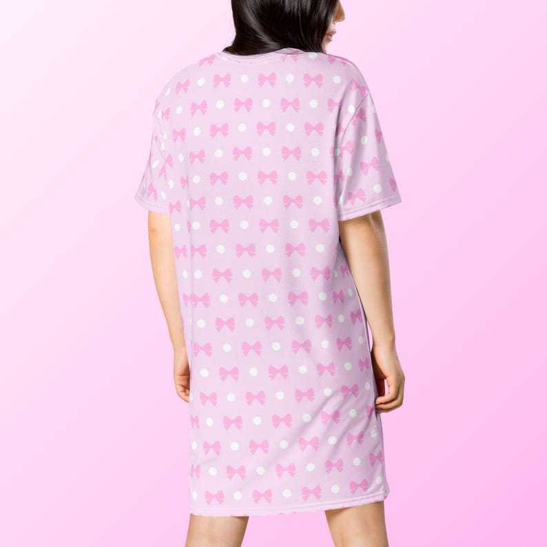 Pink Coquette T-Shirt Dress, Womens Loungewear, Cute Pastel Nightgown, Ribbon and Polka Dot Pattern