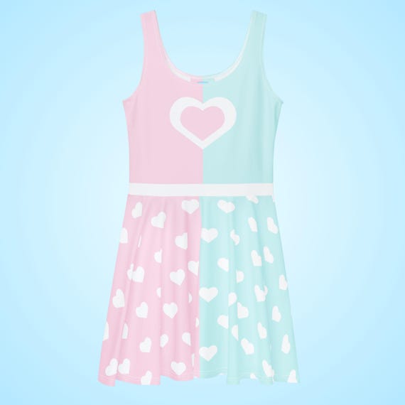 Pink and Cyan Heart Skater Dress: Pastel Fairy Kei Fashion, Sizes XS-3XL Pink and Cyan Heart Skater Dress: Pastel Fairy Kei Fashion, Sizes XS-3XL