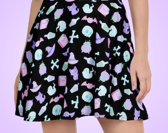 Witch Skater Skirt: Black, Pastel Goth, Potions and Skulls, Sizes XS-3XL