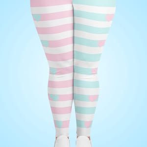 Plus Size Pink and Blue Striped Leggings, Fairy Kei Fashion, Two-Tone Half Color, Sweet Heart Print, Yume Kawaii Tights, Jfashion, Cute Pastel Clothes