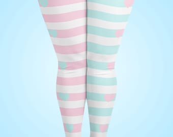 Pink and Cyan Striped Leggings: Pastel Hearts, Fairy Kei, Sizes XS-6XL