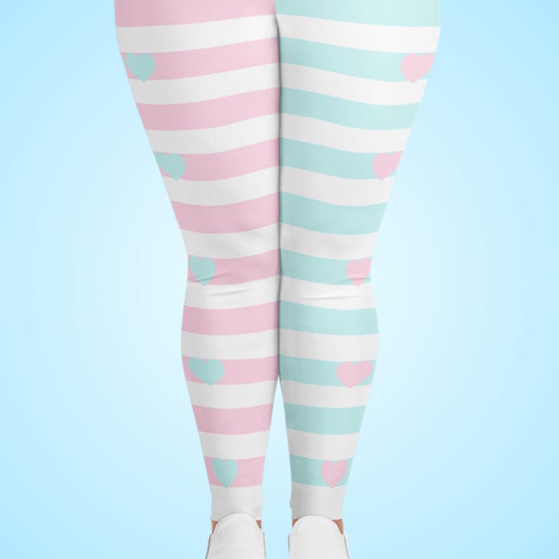 Plus Size Pink and Blue Striped Leggings, Fairy Kei Fashion, Two-Tone Half Color, Sweet Heart Print, Yume Kawaii Tights, Jfashion, Cute Pastel Clothes