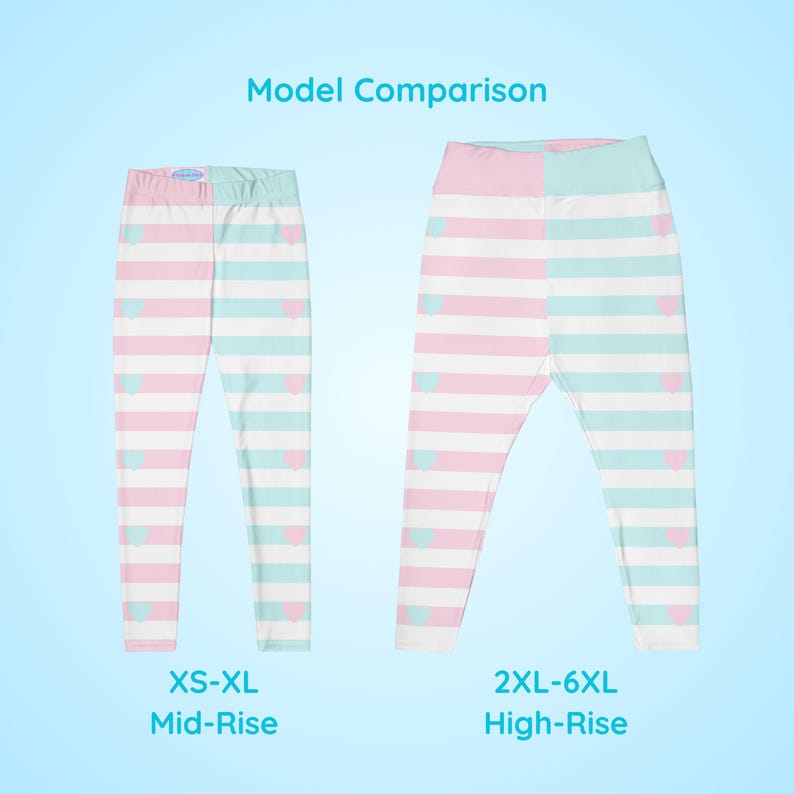 Plus Size Pink and Blue Striped Leggings, Fairy Kei Fashion, Two-Tone Half Color, Sweet Heart Print, Yume Kawaii Tights, Jfashion, Cute Pastel Clothes