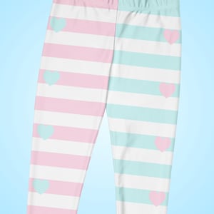 Plus Size Pink and Blue Striped Leggings, Fairy Kei Fashion, Two-Tone Half Color, Sweet Heart Print, Yume Kawaii Tights, Jfashion, Cute Pastel Clothes