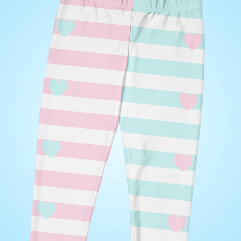 Plus Size Pink and Blue Striped Leggings, Fairy Kei Fashion, Two-Tone Half Color, Sweet Heart Print, Yume Kawaii Tights, Jfashion, Cute Pastel Clothes
