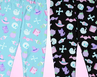 Kawaii Witch Leggings, Pastel Goth, Black or Blue Color, Sizes XS-6XL